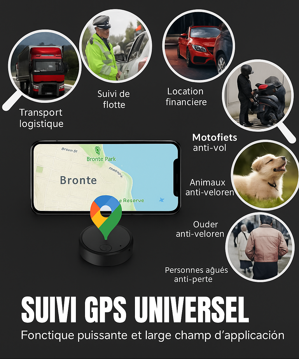 Image promotionnelle d'un dispositif de suivi GPS universel, montrant des applications pour la logistique, la location, les animaux, et les personnes.