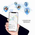 Smartphone affichant une application de suivi GPS en temps réel, avec carte et icônes de localisation, sur fond de carte mondiale. Couverture mondiale.