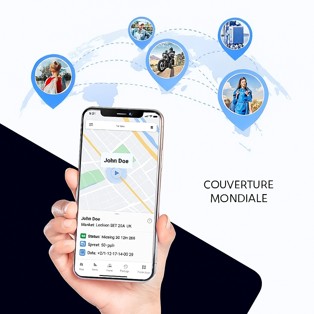 Smartphone affichant une application de suivi GPS en temps réel, avec carte et icônes de localisation, sur fond de carte mondiale. Couverture mondiale.