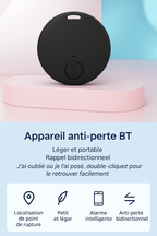 Appareil anti-perte Bluetooth noir, léger et portable, sur socle rose. Fonctionnalités: localisation, alarme intelligente, rappel bidirectionnel.
