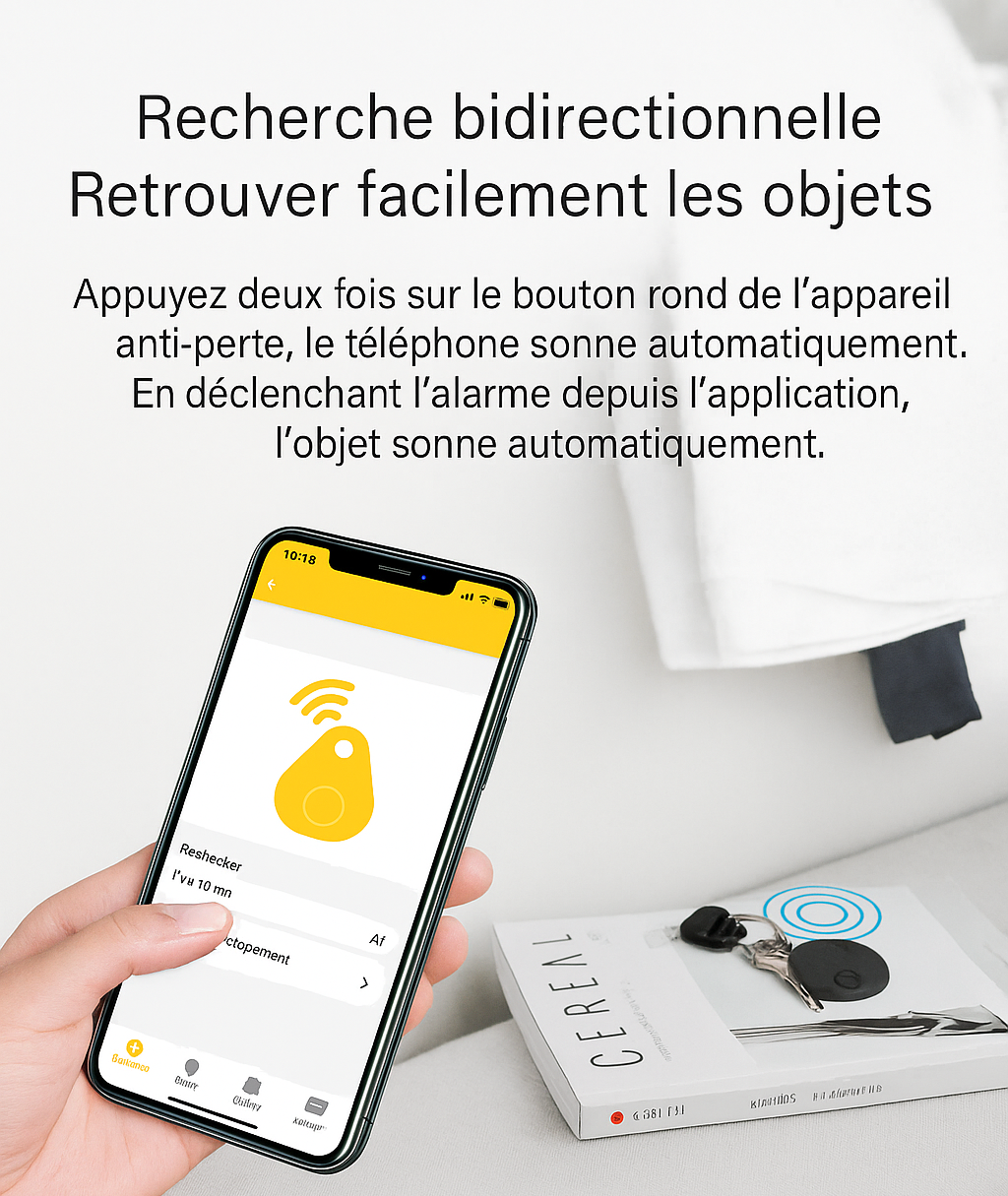 Smartphone affichant une application de recherche d'objets, avec un appareil anti-perte noir sur une table. Technologie de localisation d'objets.