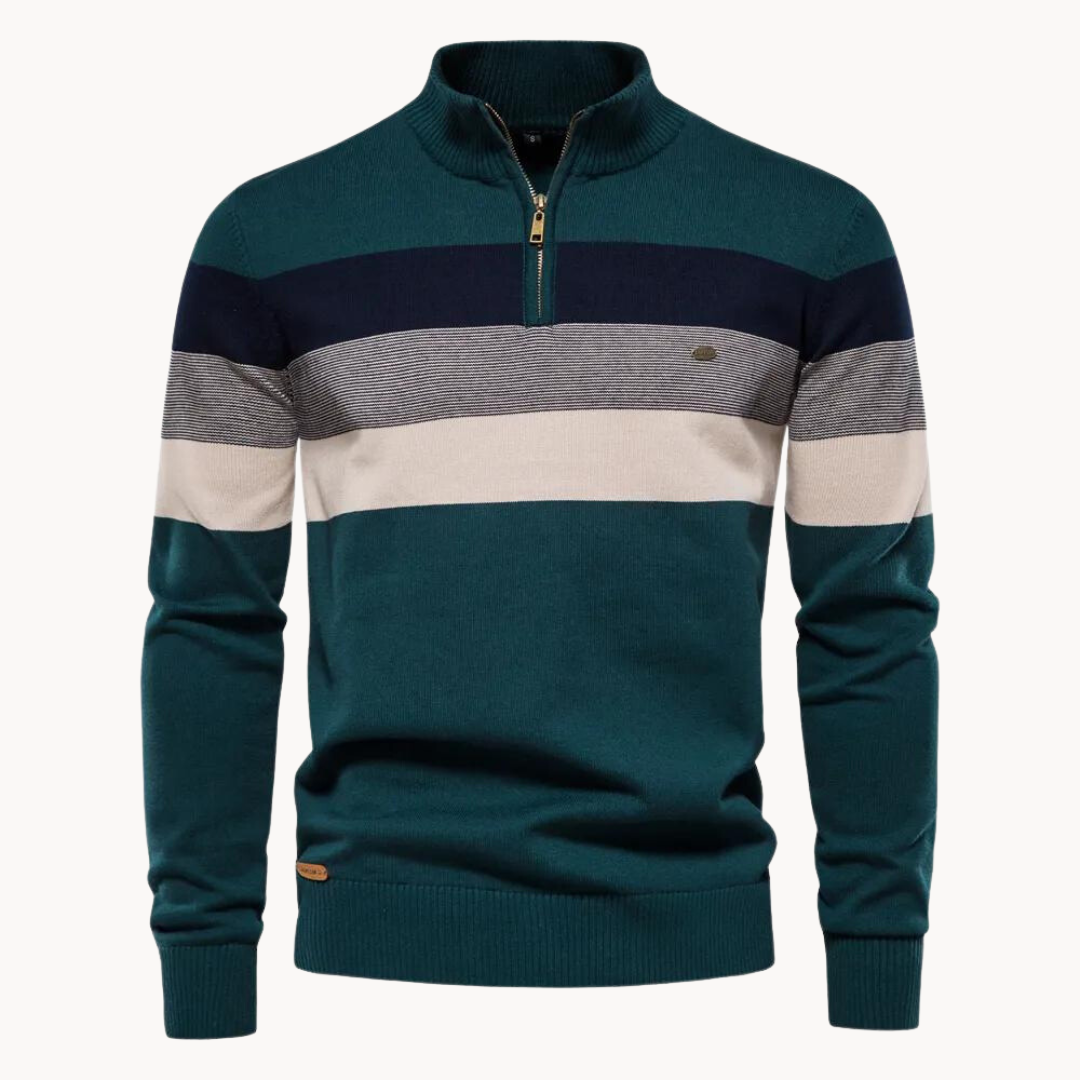 Pull-over à col zippé pour homme, rayé bleu, gris et beige, en laine, style décontracté et élégant, idéal pour l'hiver et l'automne.