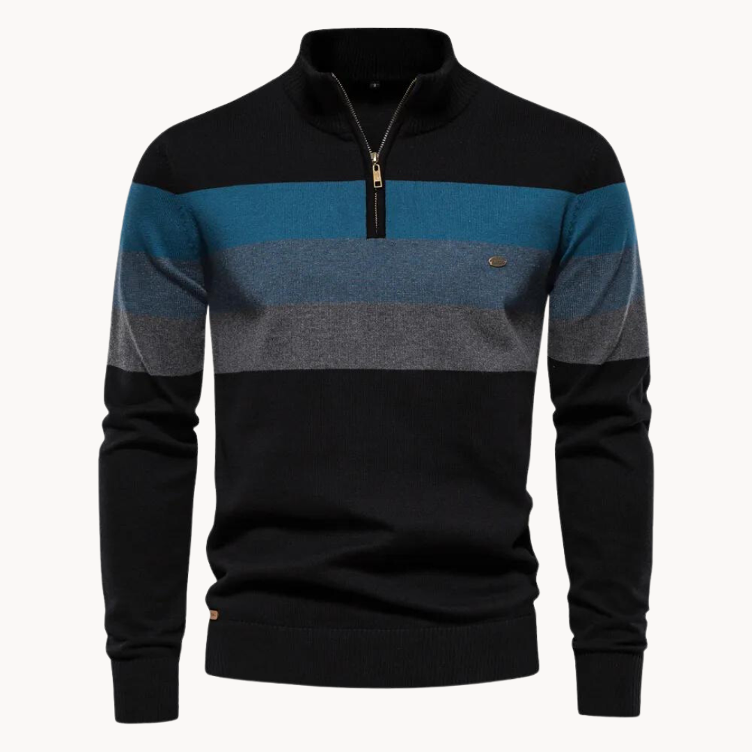 Pull à col zippé pour homme, rayé noir, bleu et gris, en laine, manches longues. Mode masculine élégante, vêtement d'hiver chaud.