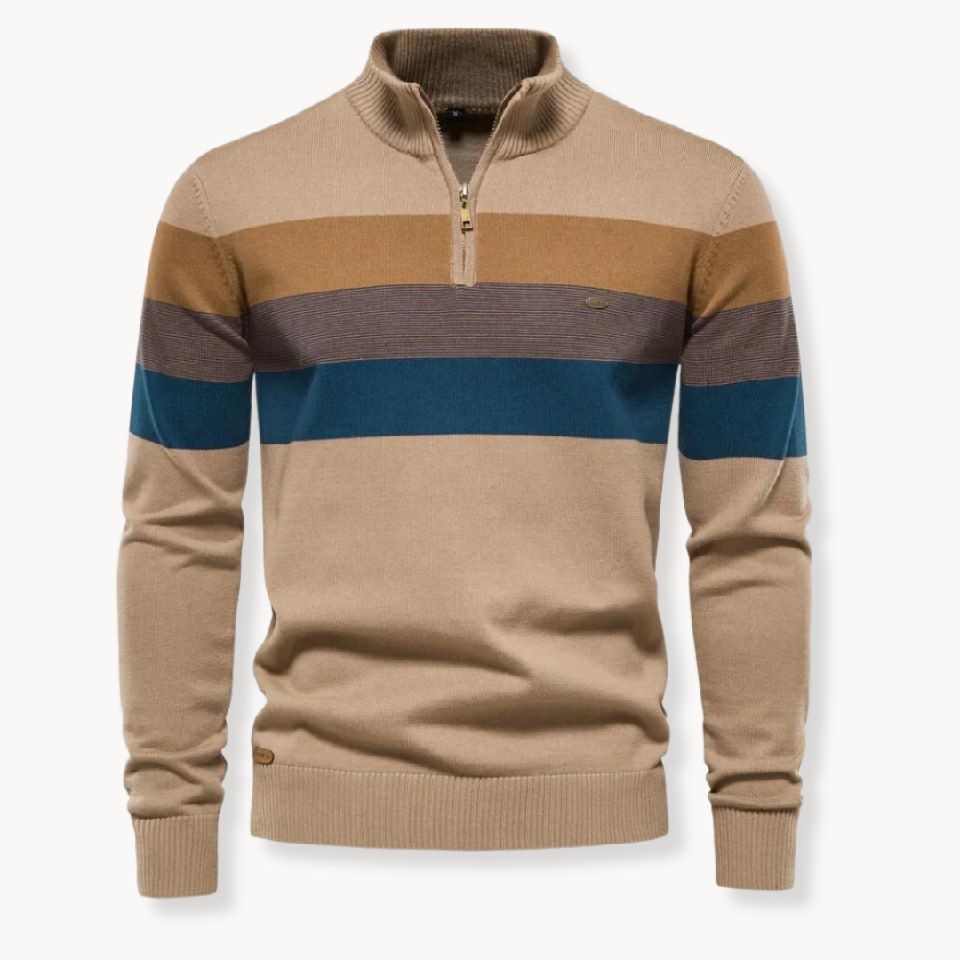 Pull à col zippé pour homme, rayures horizontales marron, bleu et beige, style décontracté, idéal pour l'automne et l'hiver, mode masculine élégante.
