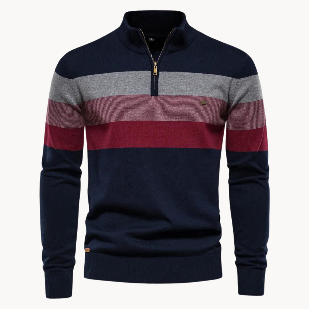 Pull à col zippé pour homme, rayures horizontales bleu marine, gris et bordeaux, style décontracté, mode automne-hiver, tricot élégant.