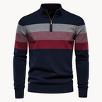 Pull à col zippé pour homme, rayures horizontales bleu marine, gris et bordeaux, style décontracté, mode automne-hiver, tricot élégant.