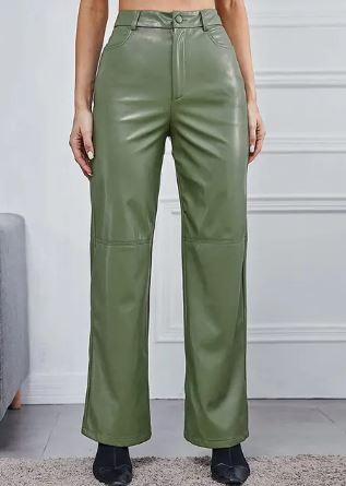 Pantalon vert en cuir synthétique pour femme, coupe droite, taille haute, élégant et moderne, idéal pour la mode automne-hiver.