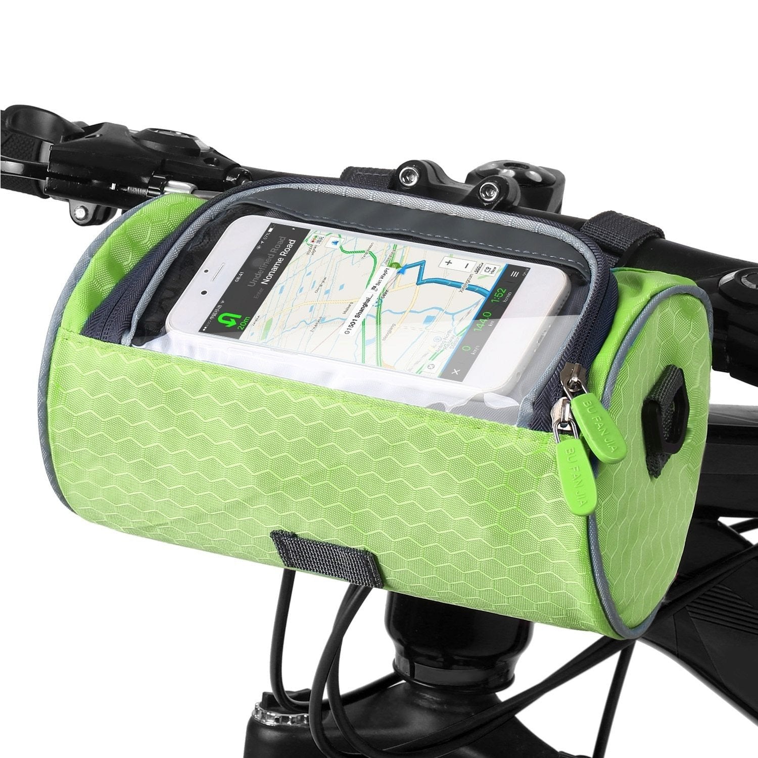 Sacoche de guidon de vélo verte avec écran tactile transparent pour smartphone, idéale pour navigation GPS et rangement accessoires cyclisme.