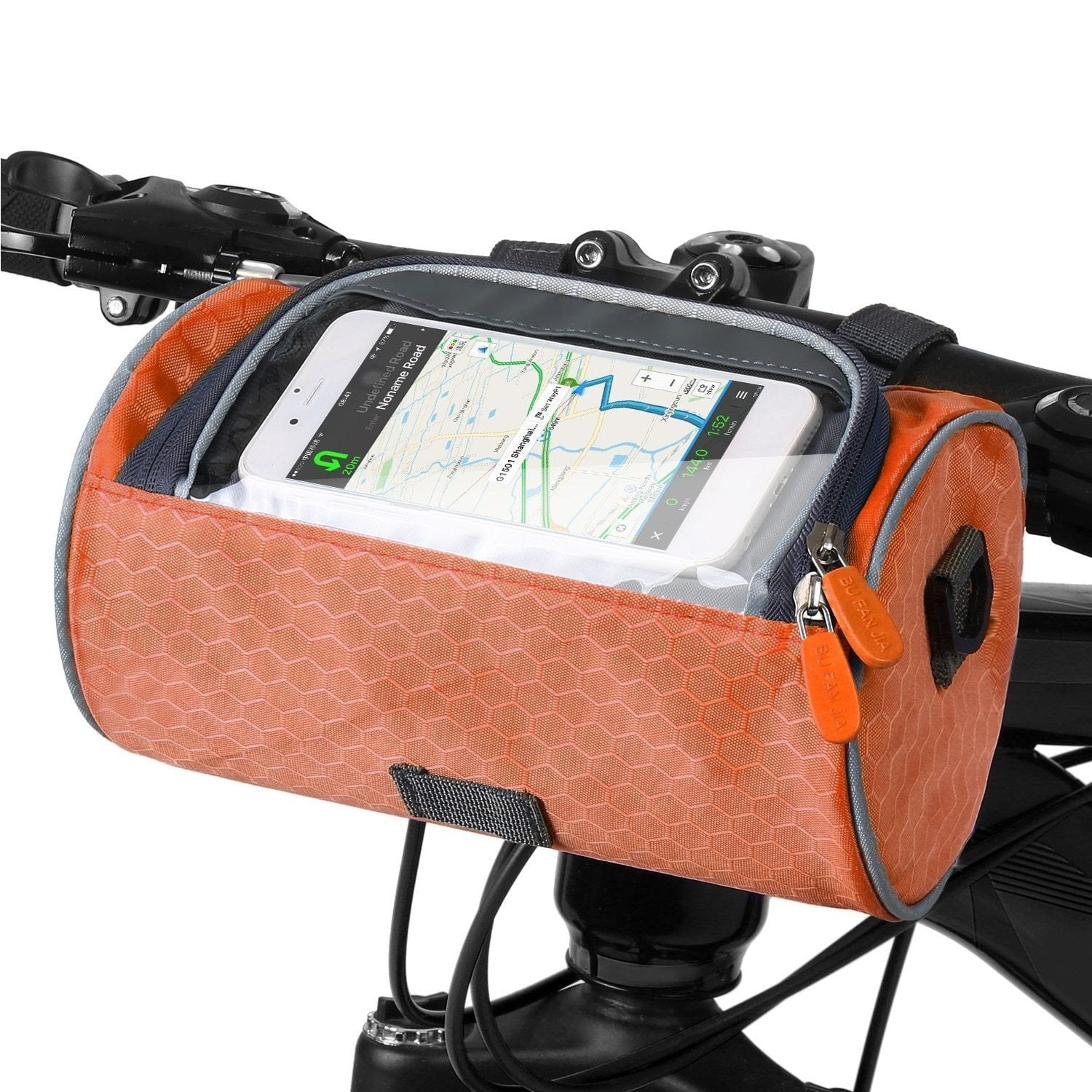 Sacoche de guidon de vélo orange avec écran tactile transparent, contenant un smartphone affichant une carte GPS. Accessoire cycliste pratique.