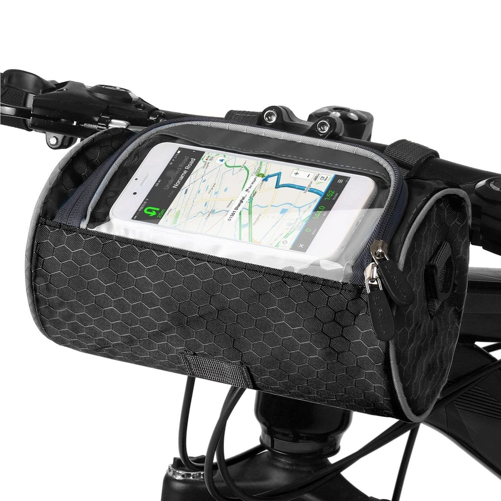 Sacoche de vélo noire avec écran tactile transparent pour smartphone, fixée au guidon, idéale pour GPS et rangement accessoires cyclisme.