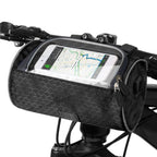 Sacoche de vélo noire avec écran tactile transparent pour smartphone, fixée au guidon, idéale pour GPS et rangement accessoires cyclisme.