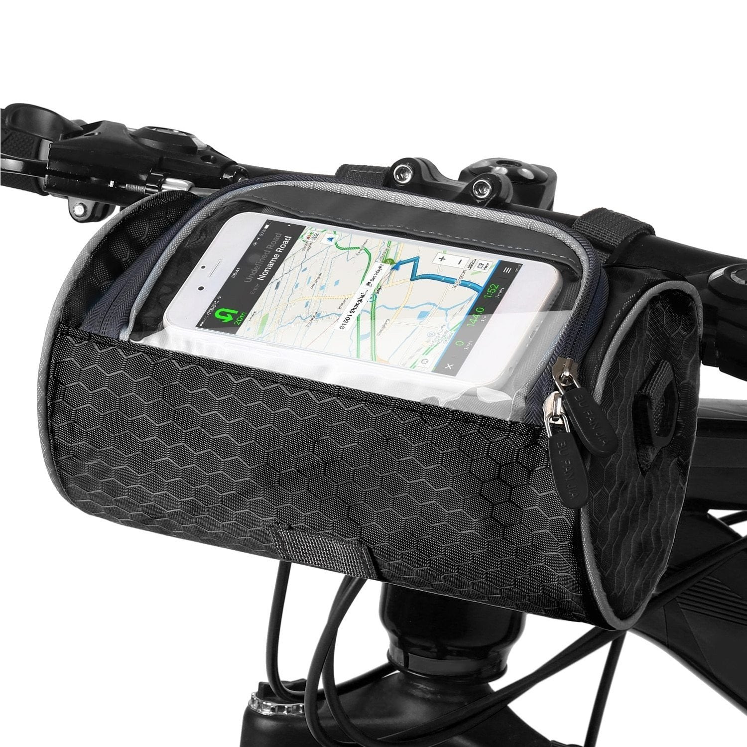 Sacoche de vélo noire avec écran tactile transparent pour smartphone, fixée au guidon, idéale pour GPS et rangement accessoires cyclisme.