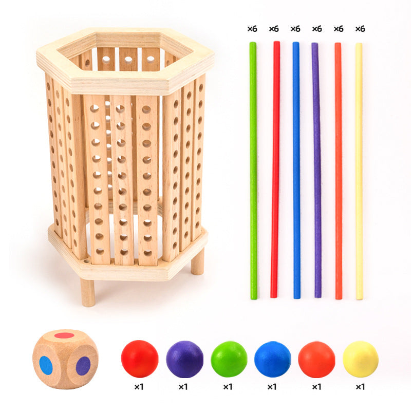 Jeu éducatif en bois avec tour hexagonale, bâtons colorés et boules multicolores. Jouet Montessori pour développement cognitif et motricité.