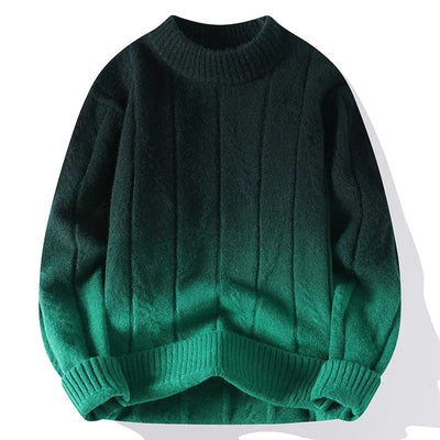 Pull-over dégradé vert foncé à vert clair, col rond, manches longues, tricoté, style moderne, mode automne-hiver, tendance vêtements chauds.