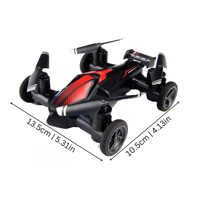 Drone quadricoptère noir et rouge avec roues, dimensions 13,5 cm x 10,5 cm, design aérodynamique, idéal pour vol et conduite, technologie avancée.