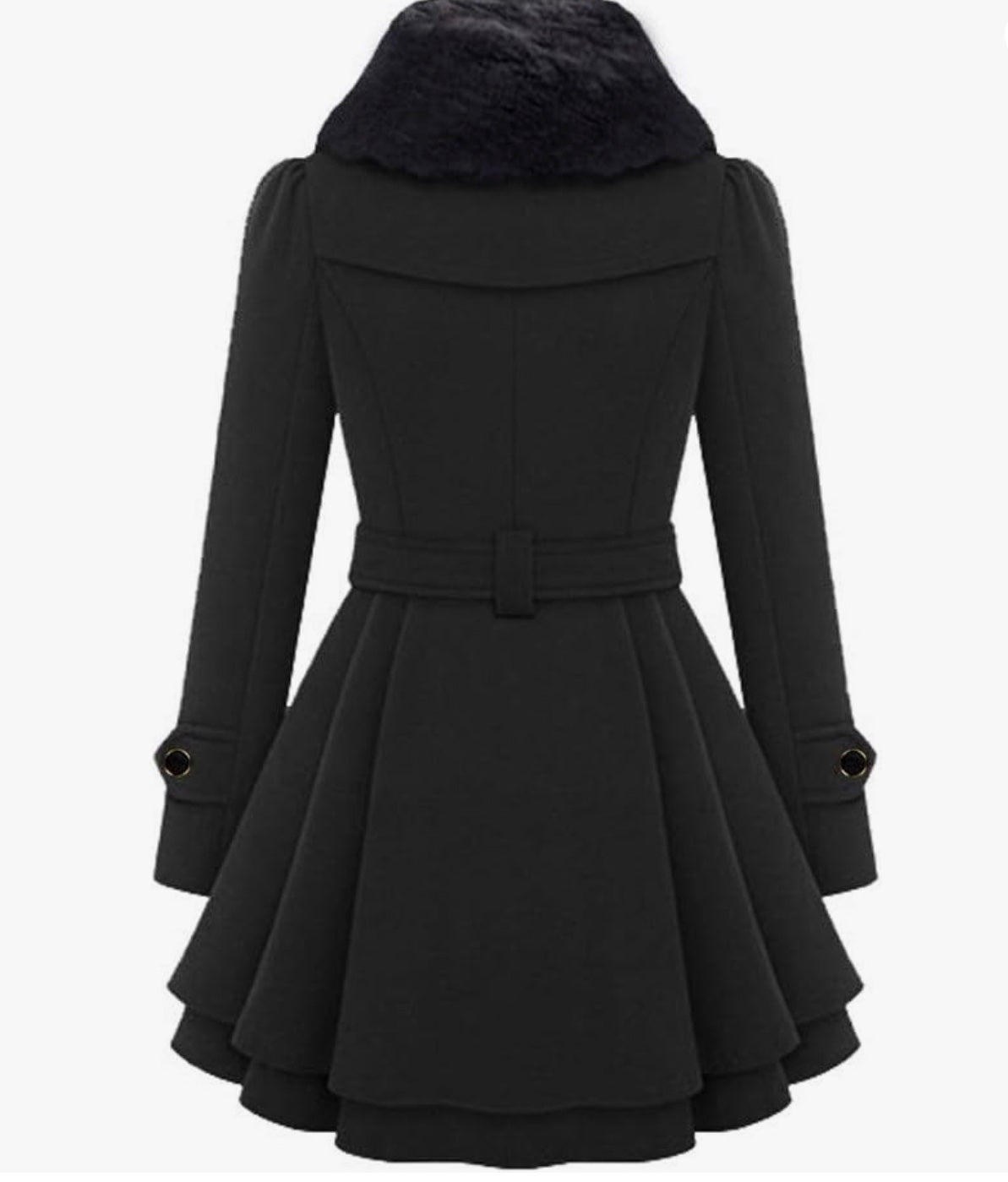 Manteau noir élégant avec col en fourrure, ceinture ajustable et manches longues. Style chic et moderne pour l'hiver. Mode féminine tendance.