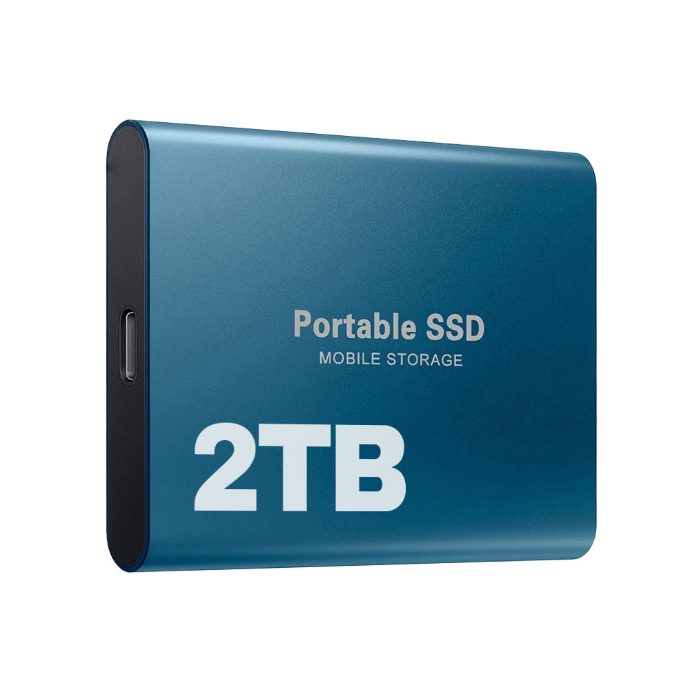 Disque SSD portable bleu 2 To, stockage mobile compact, connectique USB-C, haute vitesse, idéal pour sauvegarde et transfert de données.