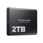 Disque SSD portable 2 To noir, stockage mobile compact, connectique USB-C, haute vitesse, idéal pour sauvegarde et transfert de données.