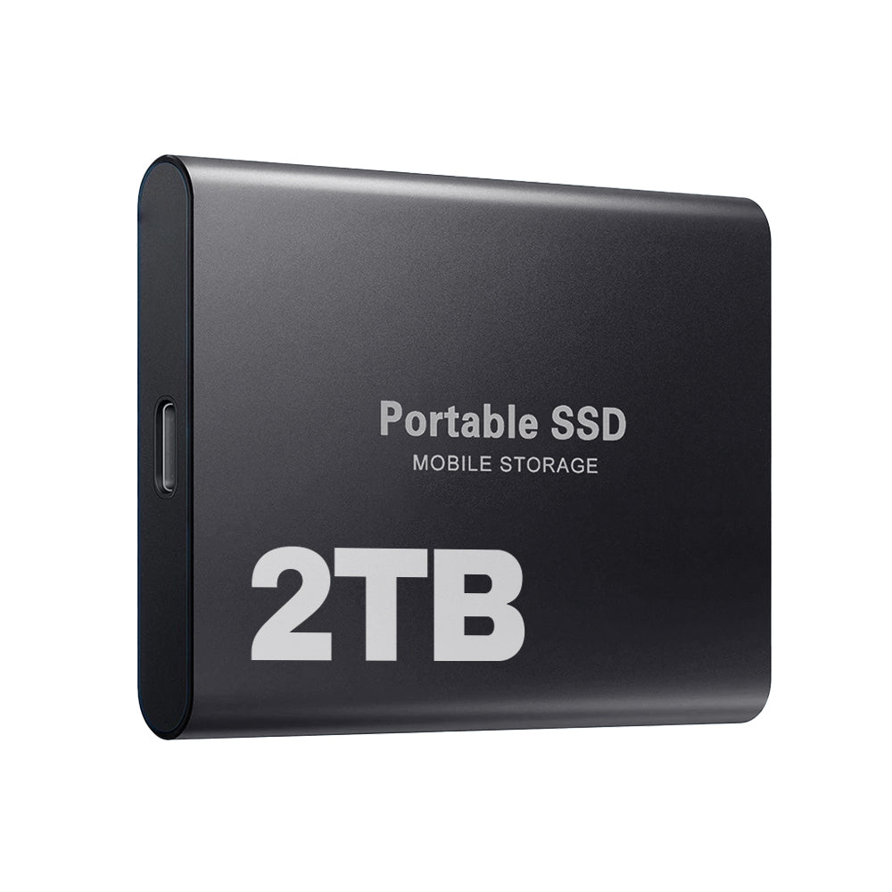 Disque SSD portable 2 To noir, stockage mobile compact, connectique USB-C, haute vitesse, idéal pour sauvegarde et transfert de données.