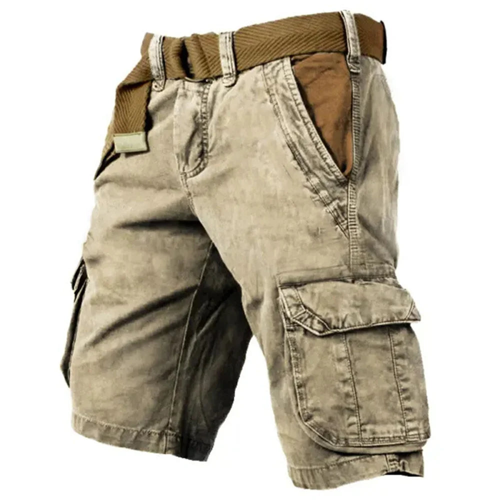 Short cargo beige pour homme avec ceinture marron, poches latérales spacieuses, style décontracté, idéal pour l'été et les activités en plein air.