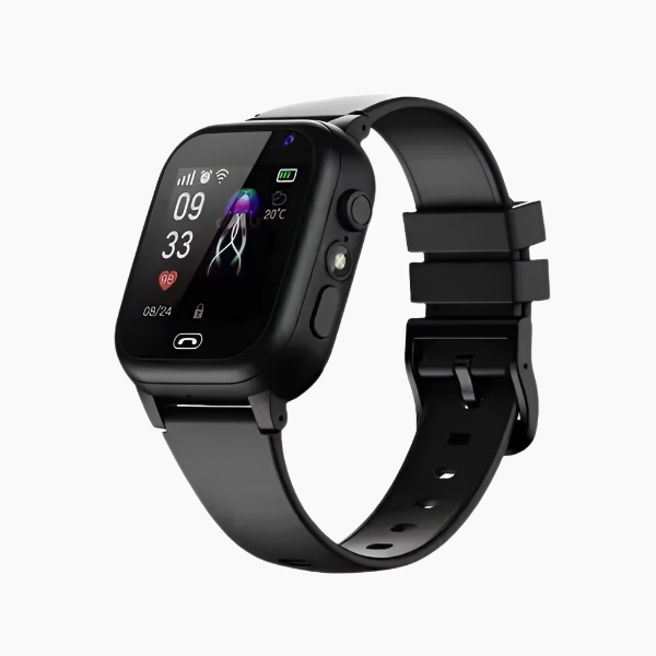 Montre connectée noire avec écran tactile affichant l'heure, la date et des icônes de notifications. Bracelet ajustable, design moderne et élégant.