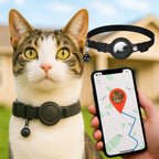 Chat, collier GPS, maison, suivi, localisation, application mobile, sécurité animale, technologie, AirTag, extérieur, géolocalisation, innovation.