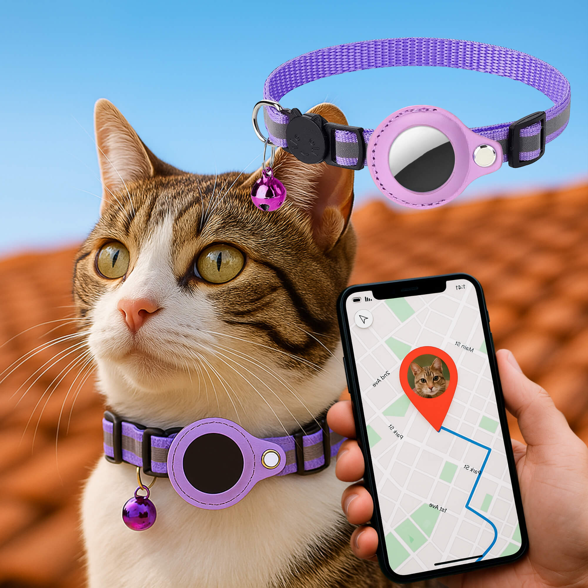 Chat, collier GPS violet, suivi localisation, application smartphone, maison en arrière-plan, sécurité animale, technologie de suivi pour animaux.