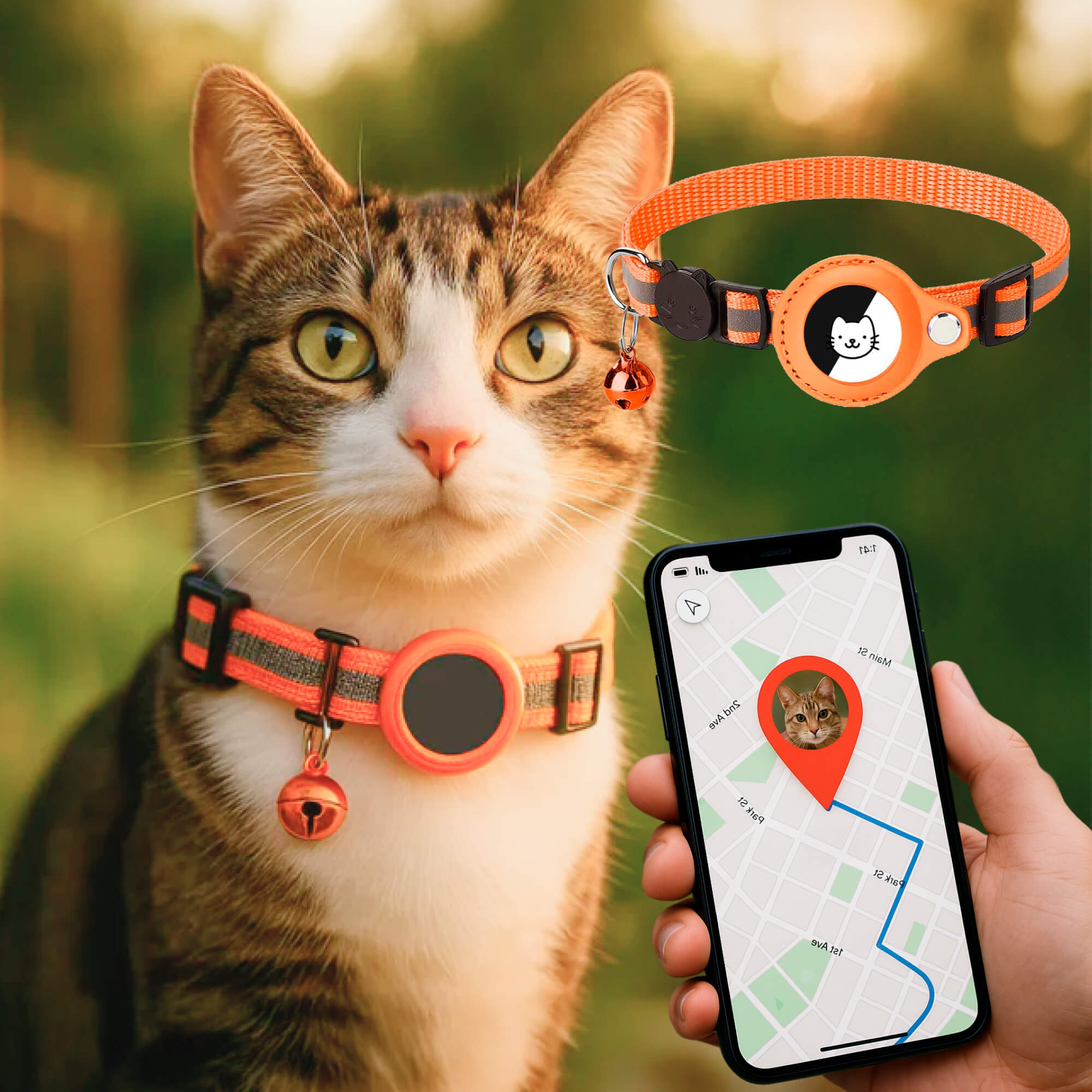 Chat tigré portant un collier GPS orange avec clochette, suivi via une application mobile sur smartphone, localisation précise sur carte.