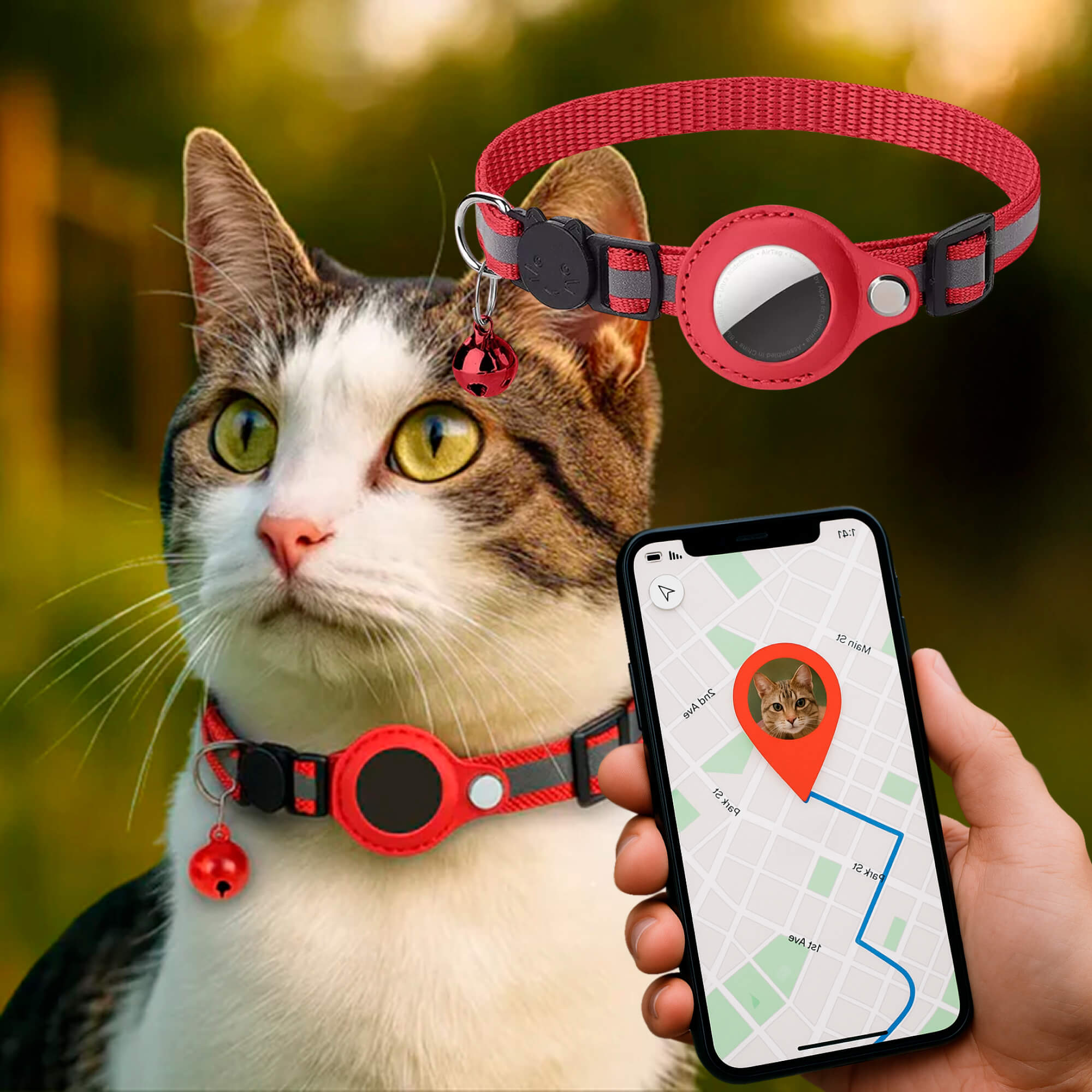 Chat portant un collier GPS rouge avec AirTag, clochette, et carte de localisation sur smartphone. Suivi d'animaux, sécurité, technologie de localisation.