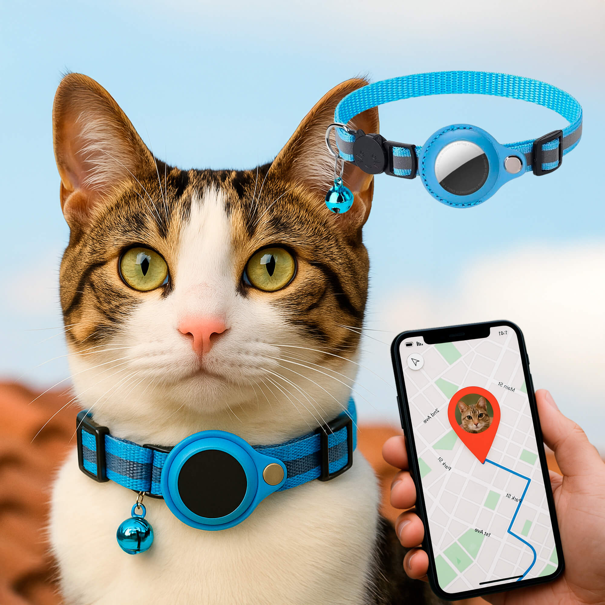 Collier GPS bleu pour chat avec clochette, suivi en temps réel via smartphone. Accessoire de sécurité pour animaux, localisation précise.