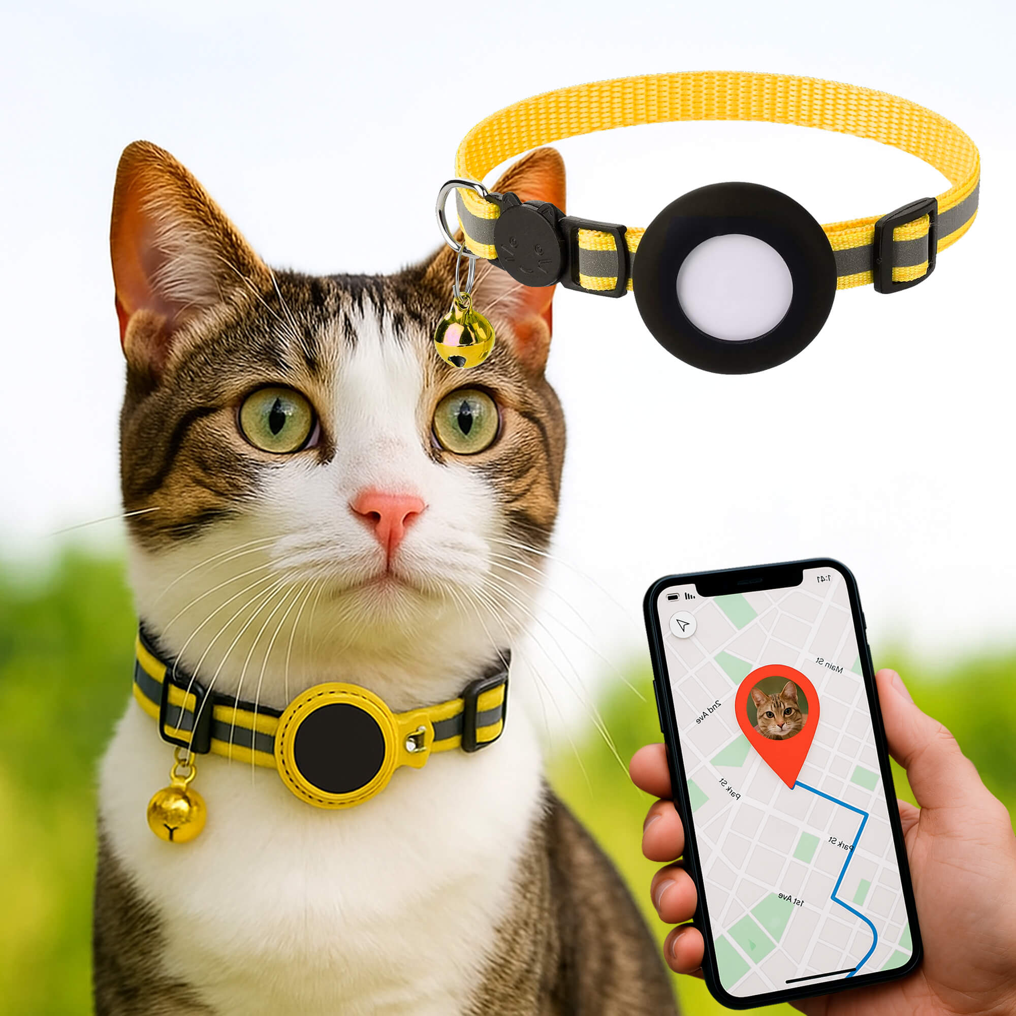 Collier pour chat jaune avec traceur GPS, clochette et pendentif noir, suivi via smartphone. Accessoire de localisation pour animaux de compagnie.