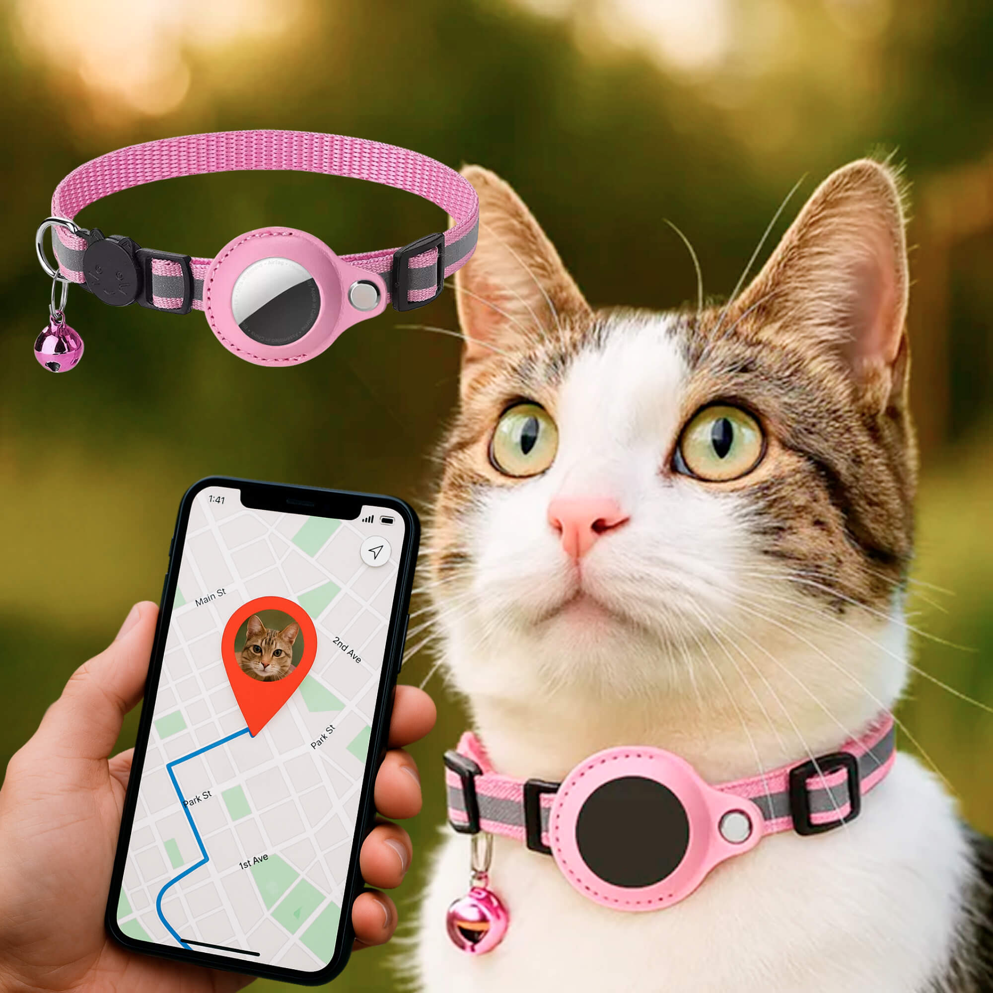 Chat, collier rose avec AirTag, clochette; suivi GPS sur smartphone. Accessoire pour animaux, sécurité, localisation précise.