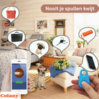 Chambre avec objets connectés, smartphone et traceur Bluetooth Colany. Chien, sac, clés, et portefeuille illustrent l'utilisation du dispositif.