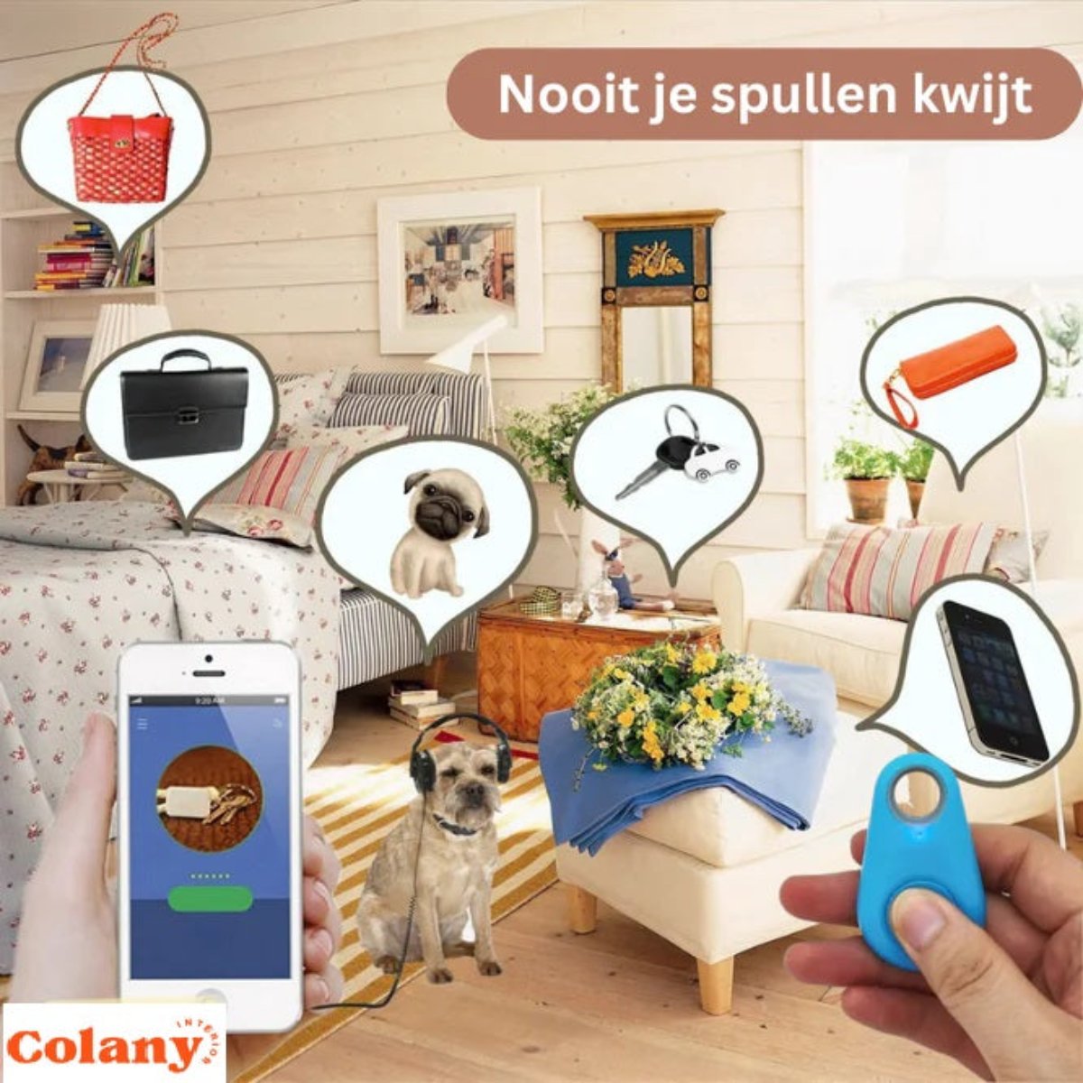 Chambre avec objets connectés, smartphone et traceur Bluetooth Colany. Chien, sac, clés, et portefeuille illustrent l'utilisation du dispositif.