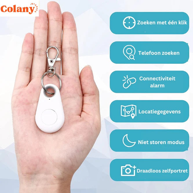 Porte-clés intelligent blanc avec fonctions de recherche de téléphone, alarme connectivité, localisation, mode ne pas déranger, et selfie sans fil.