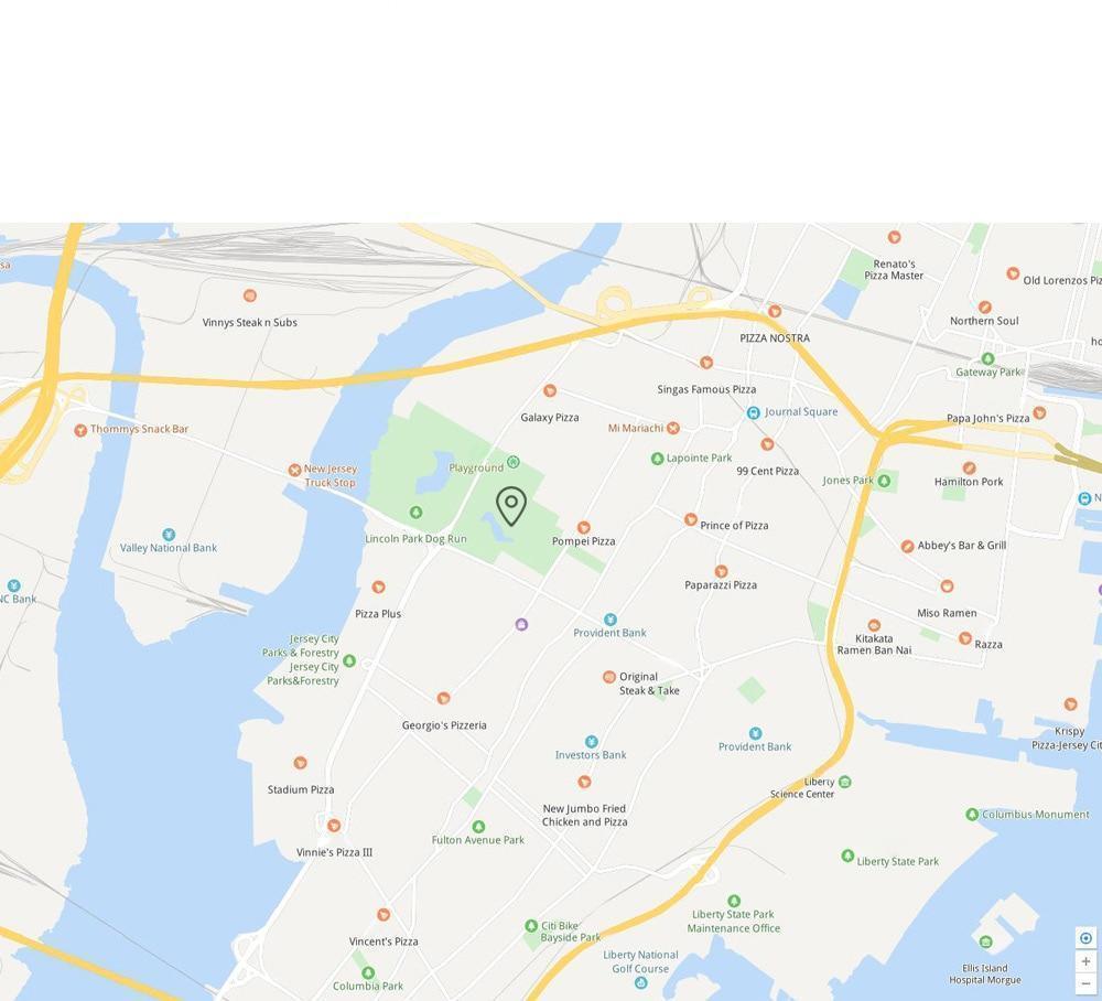 Carte de Jersey City montrant Lincoln Park, entouré de restaurants et de points d'intérêt, avec des routes principales et la rivière Hudson à proximité.