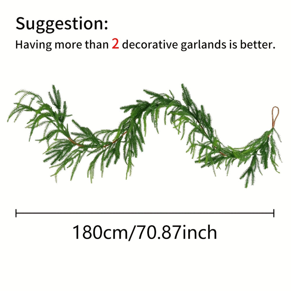 Guirlande de sapin artificielle de 180 cm, décoration de Noël, verdure réaliste, idéale pour cheminées et escaliers, suggestion d'utilisation multiple.