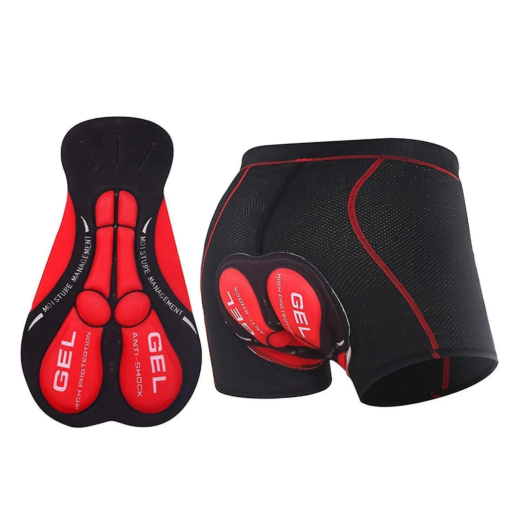 Cuissard de cyclisme noir avec rembourrage en gel rouge, offrant protection anti-choc et gestion de l'humidité, idéal pour confort et performance.