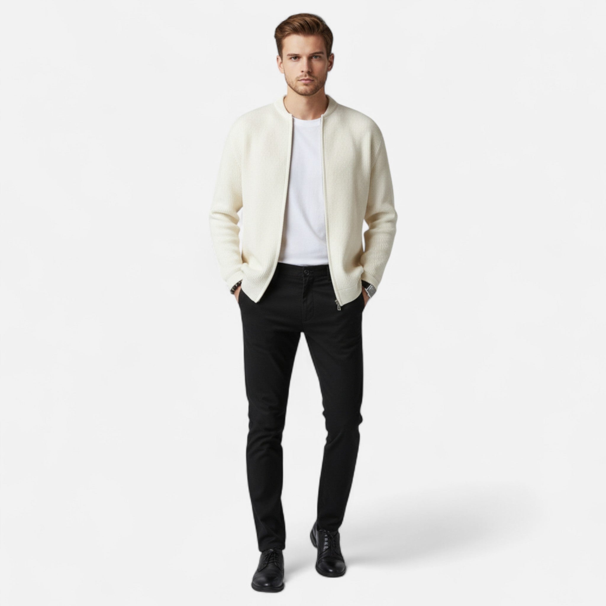 Homme portant un cardigan blanc, t-shirt blanc et pantalon noir, posant debout. Mode masculine élégante, tenue décontractée chic.