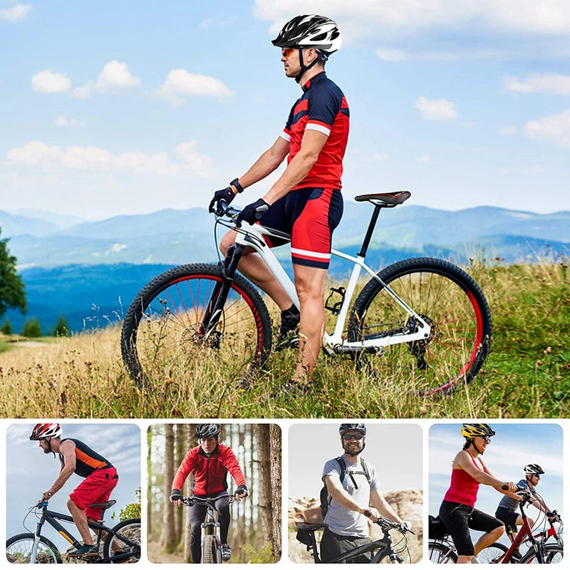 Homme en tenue de cyclisme rouge sur un VTT blanc, casque noir, en plein air avec montagnes en arrière-plan. Cyclisme, VTT, plein air, montagne.