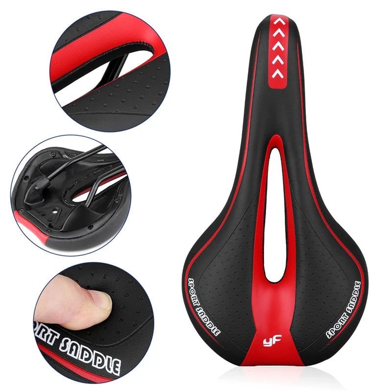 Selle de vélo ergonomique noire et rouge, design respirant avec rainure centrale, coussin rembourré, idéale pour cyclisme sportif et confort.