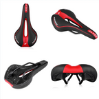 Quatre selles de vélo ergonomiques noires et rouges, design sportif, confort optimal, vues sous différents angles. Accessoire cyclisme haute performance.