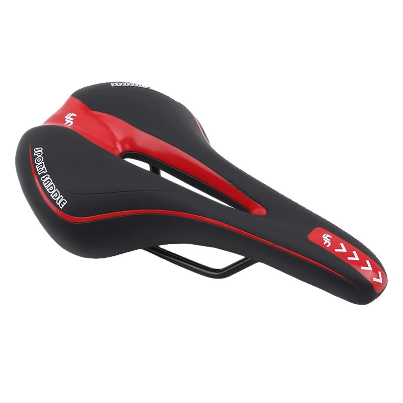 Selle de vélo ergonomique noire et rouge, design sportif, idéale pour cyclisme, confort optimal, accessoires vélo haute performance.