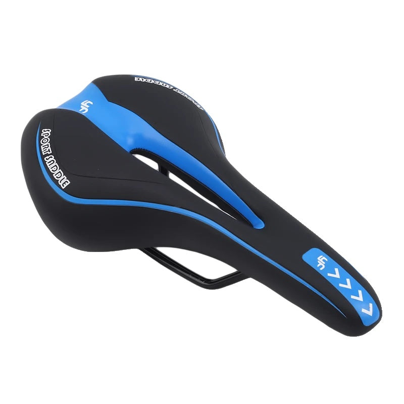 Selle de vélo ergonomique noire et bleue, design sportif, idéale pour cyclisme, confort et performance. Accessoire vélo haute qualité.