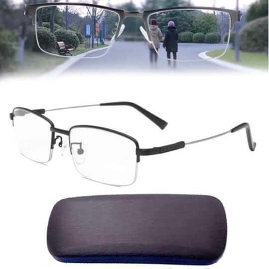 Lunettes de vue rectangulaires avec monture noire et étui rigide, idéales pour la vision claire et le confort quotidien.