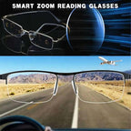 Lunettes de lecture intelligentes avec zoom, montrant une route désertique et un avion en arrière-plan, soulignant la technologie avancée des verres.
