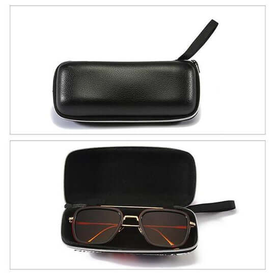 Étui à lunettes noir avec fermeture éclair, contenant des lunettes de soleil rectangulaires à monture dorée et verres teintés, sur fond blanc.