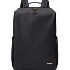 Sac à dos noir élégant, design minimaliste, avec fermeture éclair dorée et étiquette en métal. Idéal pour le travail ou les voyages urbains.