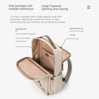 Sac à dos beige multifonction avec grande capacité, ouvert pour montrer l'intérieur spacieux. Compartiments pour ordinateur portable et objets quotidiens.