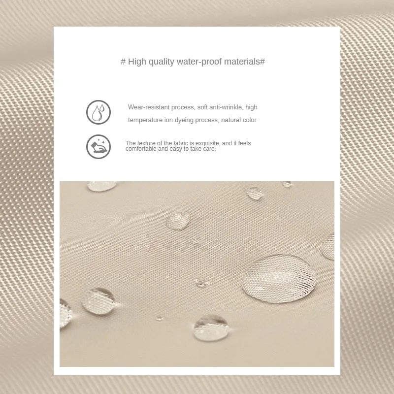 Gouttes d'eau sur tissu beige imperméable, texture lisse, résistant à l'usure, anti-rides, teinture haute température, couleur naturelle.